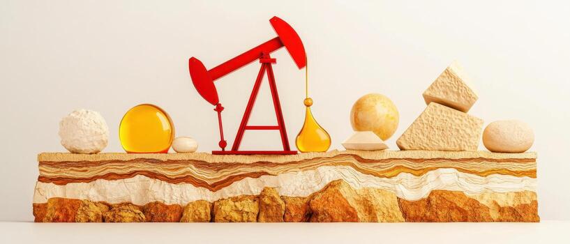 Oil pump on sedimentary layers with various minerals displayed, Fossil fuels formation concept photo