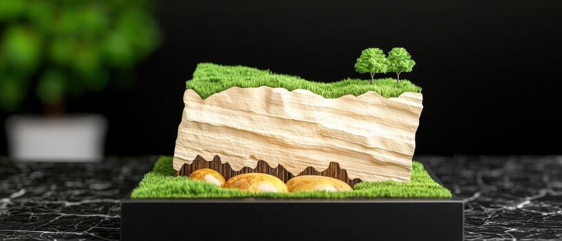 3d modelo de tectónico turnos con orgánico importar y árboles, fósil combustibles formación concepto foto
