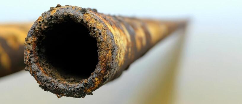 Close up of rusted metal pipe showing corrosion and decay with blurred background photo