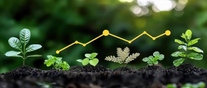 Young green plant growth with yellow line graph showing progress and success in nature photo