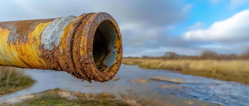 Close up of rusted yellow metal pipe near flowing river under cloudy sky photo