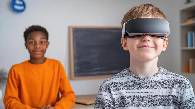 Urban student using virtual reality headset in classroom photo