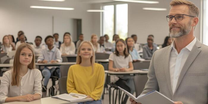 Teacher engaging with students in modern classroom setting photo