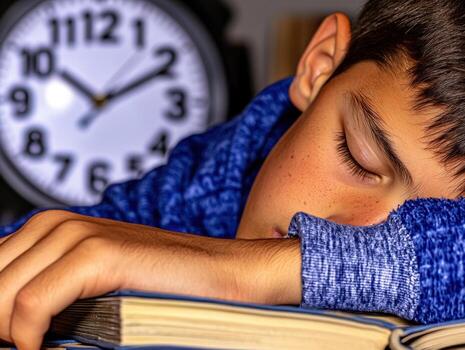 Sleeping boy resting on book at library table with Education struggles teenagers concept photo