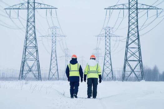 Workers in winter gear walking near powerlines photo