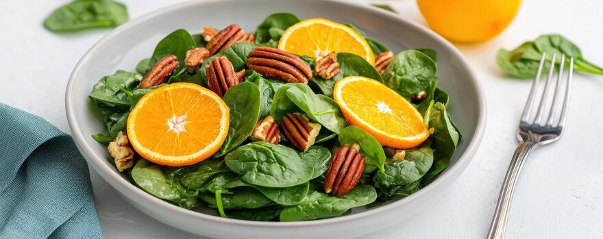 Spinach salad with orange slices and toasted pecan nuts served fresh and healthy photo