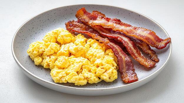 Buttery scrambled eggs and crispy bacon slices and the concept of saturated fat intake photo