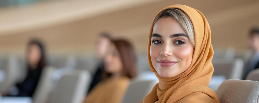 Empowered woman conference setting with diverse teamwork multicultural to adaptability concept photo