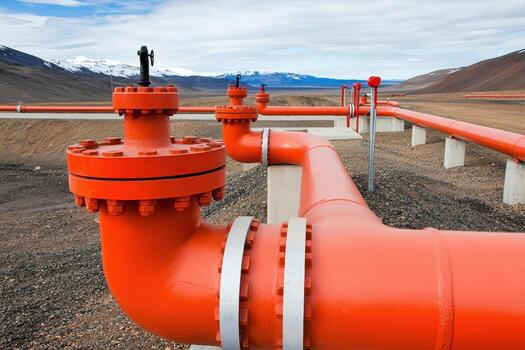 Orange pipeline winding across desolate desert landscape with mountains and cloudy sky photo