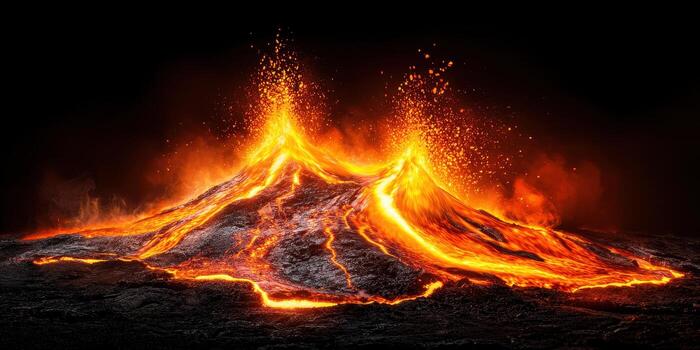 Molten lava flowing from erupting volcanoes with fiery glowing streams and sparks photo
