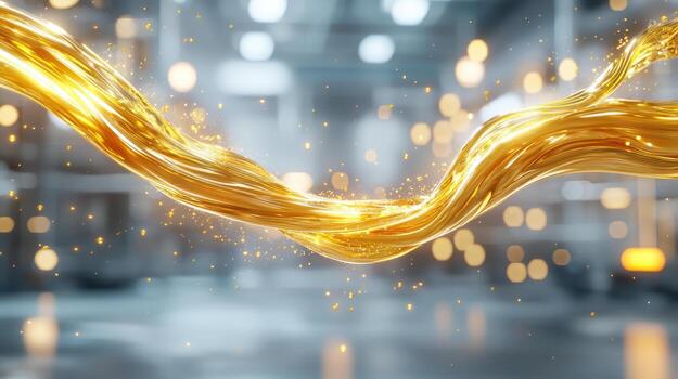 Molten gold streams flowing in midair with glowing particles and bokeh light effects photo