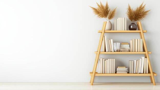 de madera estante para libros con escalera estilo diseño lleno con libros y decorativo seco plantas foto