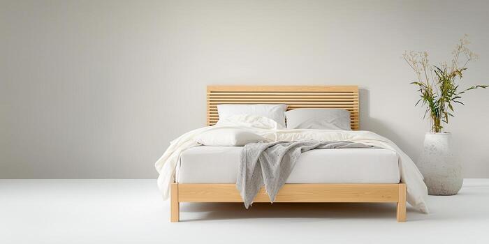 Modern low profile beech wood bed frame with slatted headboard and cozy bedding in minimal room photo