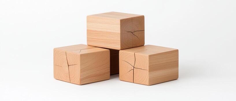 Wooden cube with natural cracks stacked in simple geometric arrangement on white background photo