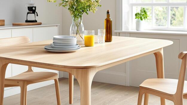 Minimalist beech wood dining table with smooth rounded edges and natural light photo