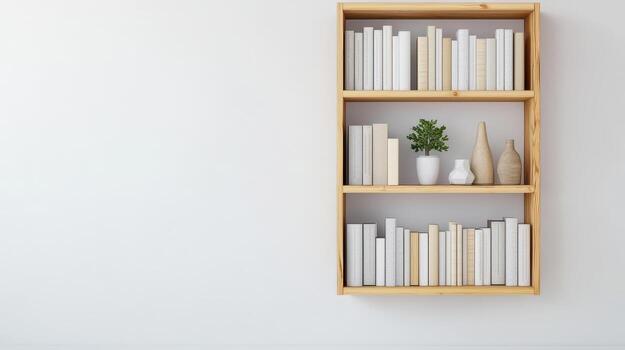 flotante pino madera estante para libros con mínimo hardware y neutral decoración en blanco pared foto