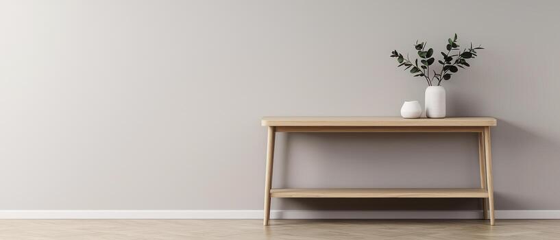 Sleek beech wood console table with open shelf and decorative white vases with green leaves photo