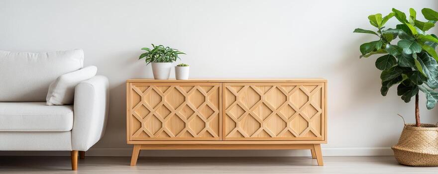 Scandinavian style pine wood shelf with geometric pattern in bright living room with plants photo