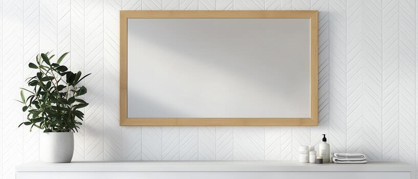 Rectangular pine wood mirror frame with beveled edges above white shelf with plant and toiletries photo