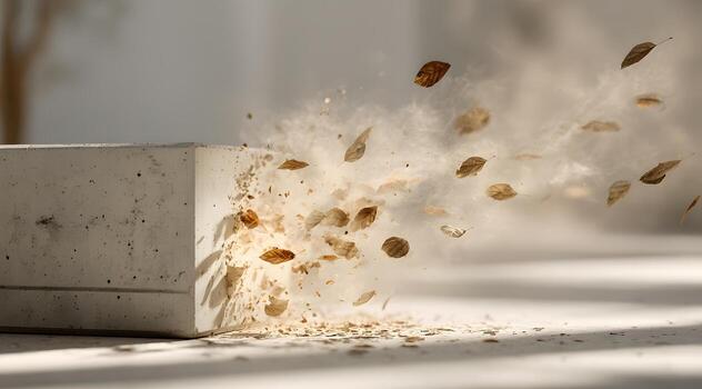 Abstract image of a concrete block exploding into tiny particles and leaves. photo