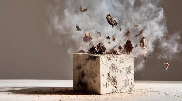 Exploding block of textured concrete with debris. photo