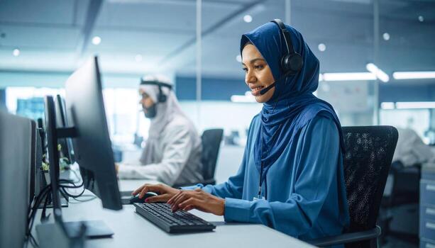Focused agents collaborate in a modern office, assisting clients via headsets and computers photo