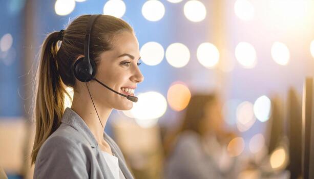 Smiling support agent with headset working at a modern office desk during evening shift photo