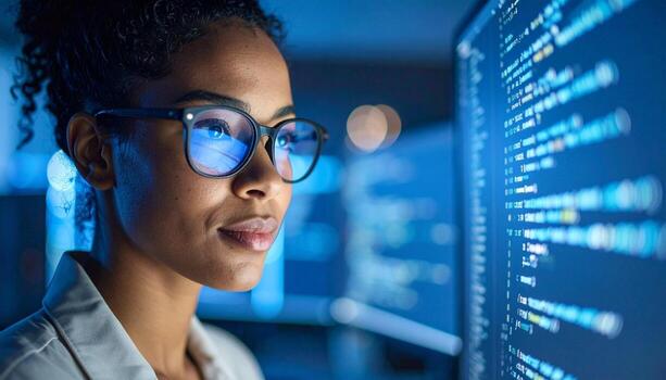Focused Programmer at Work, Analyzing Code on a Blue Screen photo