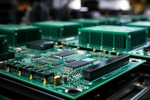 Close-up of printed circuit board with microcircuit and chip assembly process in workshop photo