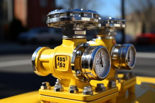 Industrial gas pipeline system with yellow pipes and pressure meter for distribution network photo