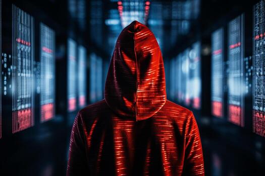 hacker en capucha hackear en computadora pantalla con matriz números, tecnología virus concepto foto