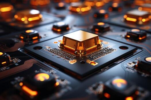 Close-up of circuit board with microcircuit and chip, automated assembly workshop photo