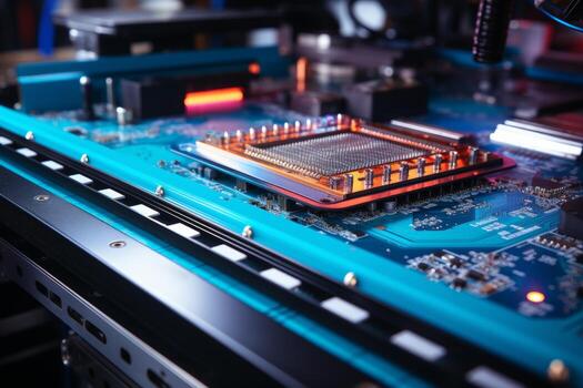 Close-up of microcircuit and chip assembly on printed circuit board in automated workshop photo