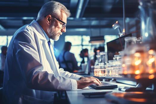 Male scientist researching and developing technology with computer in modern office setting photo