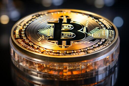 Bitcoin cryptocurrency on computer wires with neon light background, digital currency concept photo