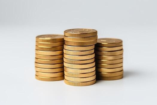 Close-up stacks of isolated coins - savings and finance concept on white background photo
