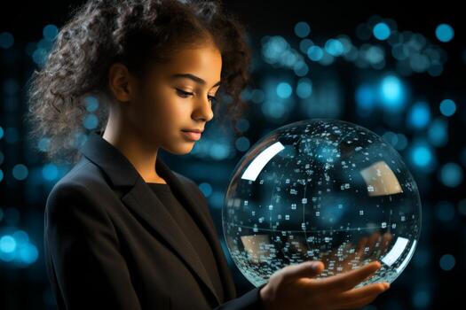 Futuristic cyber technologies. businesswoman using tablet with virtual holograms and digital data photo