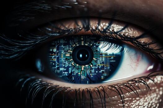 Close-up of eye. display concept and ai technology inside, innovative ocular tech trends photo