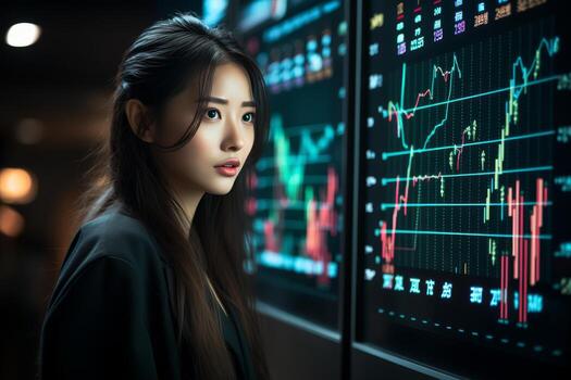 joven asiático niña con gráfico usuario interfaz y comunicación red - gui y binario código foto