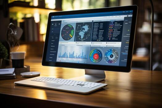 Computer on table with screen showing performance analysis, strategic database, and kpi photo