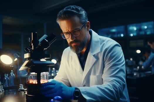 Scientist analyzing a sample under microscope for medical research in laboratory setting photo