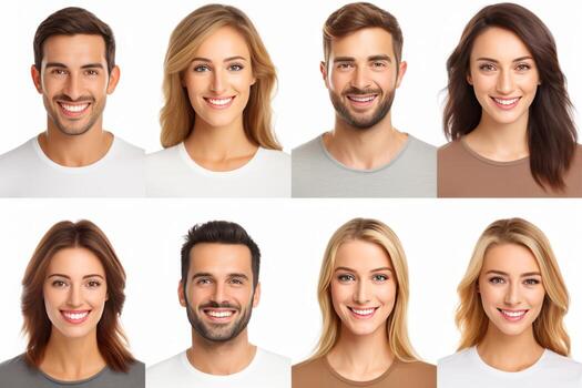 Multiple smiling headshots of men and women on white background looking at camera photo