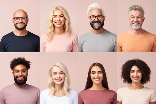 Group of diverse people smiling in headshots on white background making eye contact photo