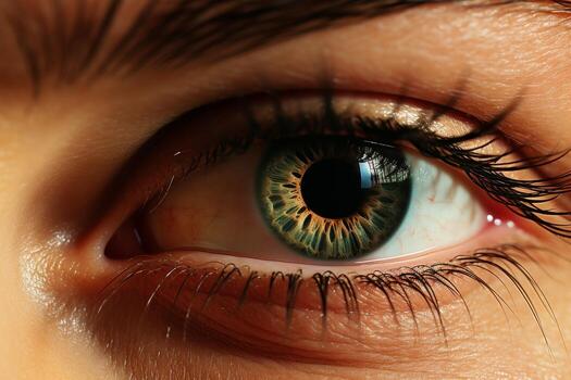 Close-up of stunning eye with bright colors, eyelashes, and gaze directly at camera in macro view photo