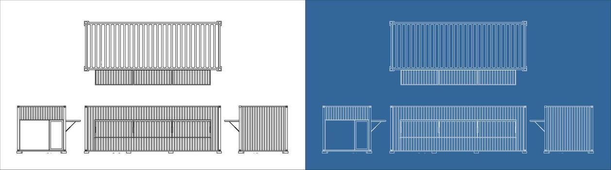 Blueprint of a Shipping Container Kiosk with Bar and Service Windows, Multiple Angles vector
