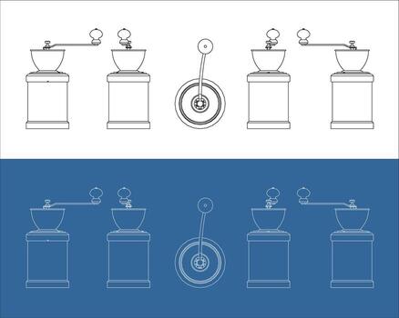 Manual coffee grinder blueprint front and side view vector