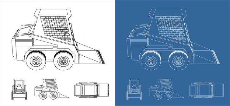 conjunto patinar dirigir cargador técnico línea dibujo múltiple puntos de vista vector