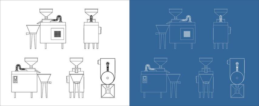 Grinder machine blueprint front side back top view vector