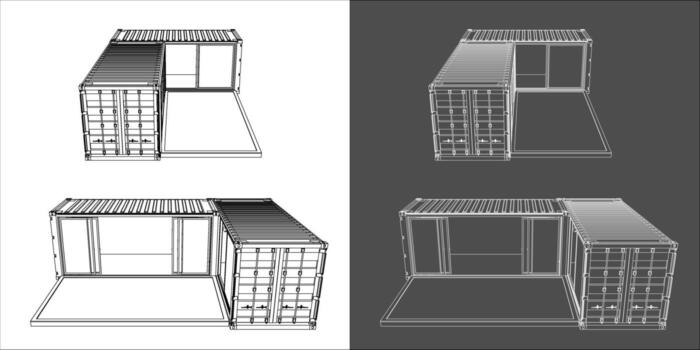 Blueprint of a Shipping Container Office or Living Space, Multiple Angles vector