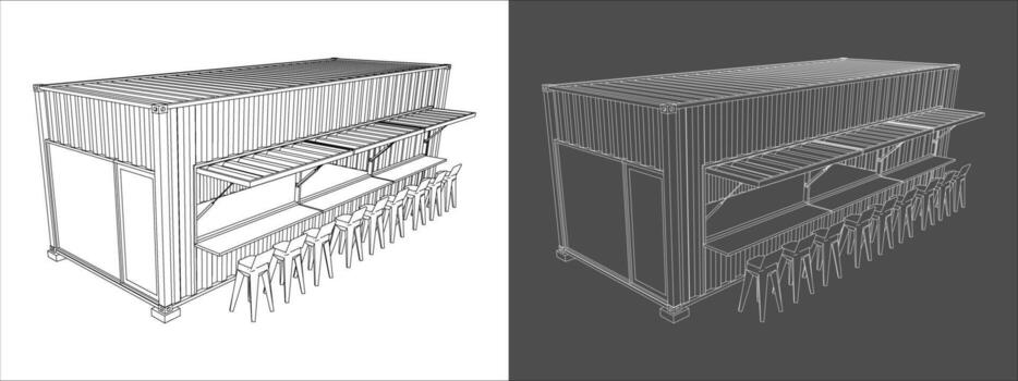 Shipping container concession stand isometric blueprint vector